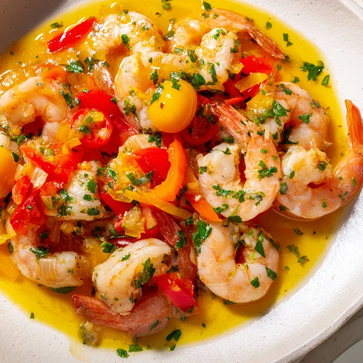 Sizzling Mediterranean Saffron Shrimp Skillet served over fluffy white rice with lemon wedges nearby.