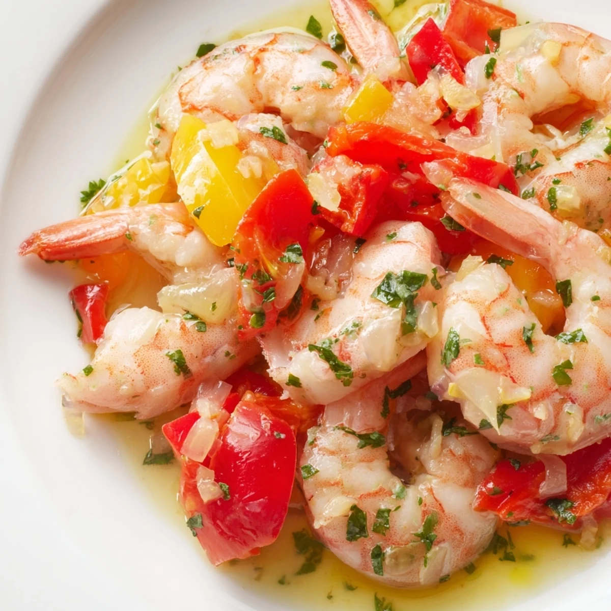 Bright pink sautéed shrimp in a golden saffron sauce with bell peppers and onions in a skillet.