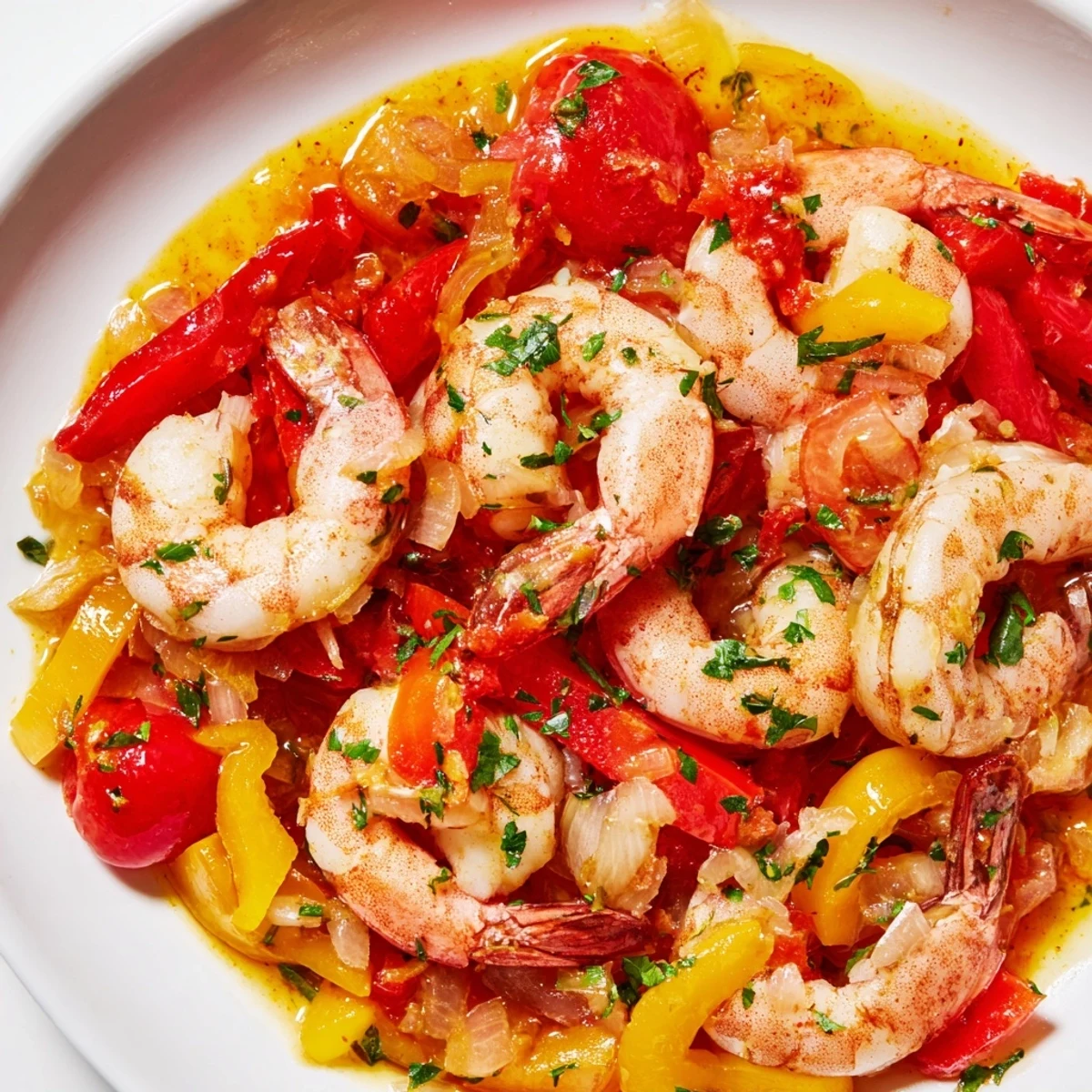 A close look at saffron-infused shrimp, garlic, cherry tomatoes, and parsley in a warm skillet.
