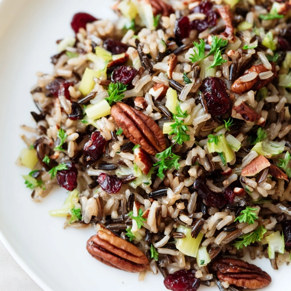Steaming Hearth Baked Nutty Wild Rice and Cranberry Medley studded with red cranberries and pecans in a cast-iron skillet.