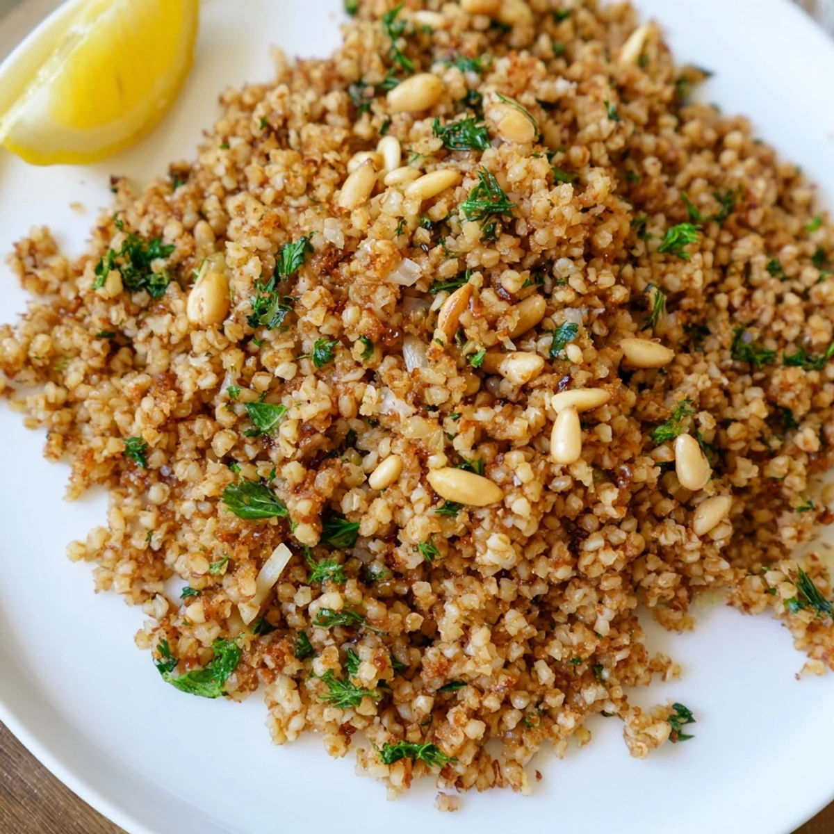 A bowl of bulgur pilaf with warm herbs and cinnamon, topped with almonds and fresh parsley for a fragrant side dish.