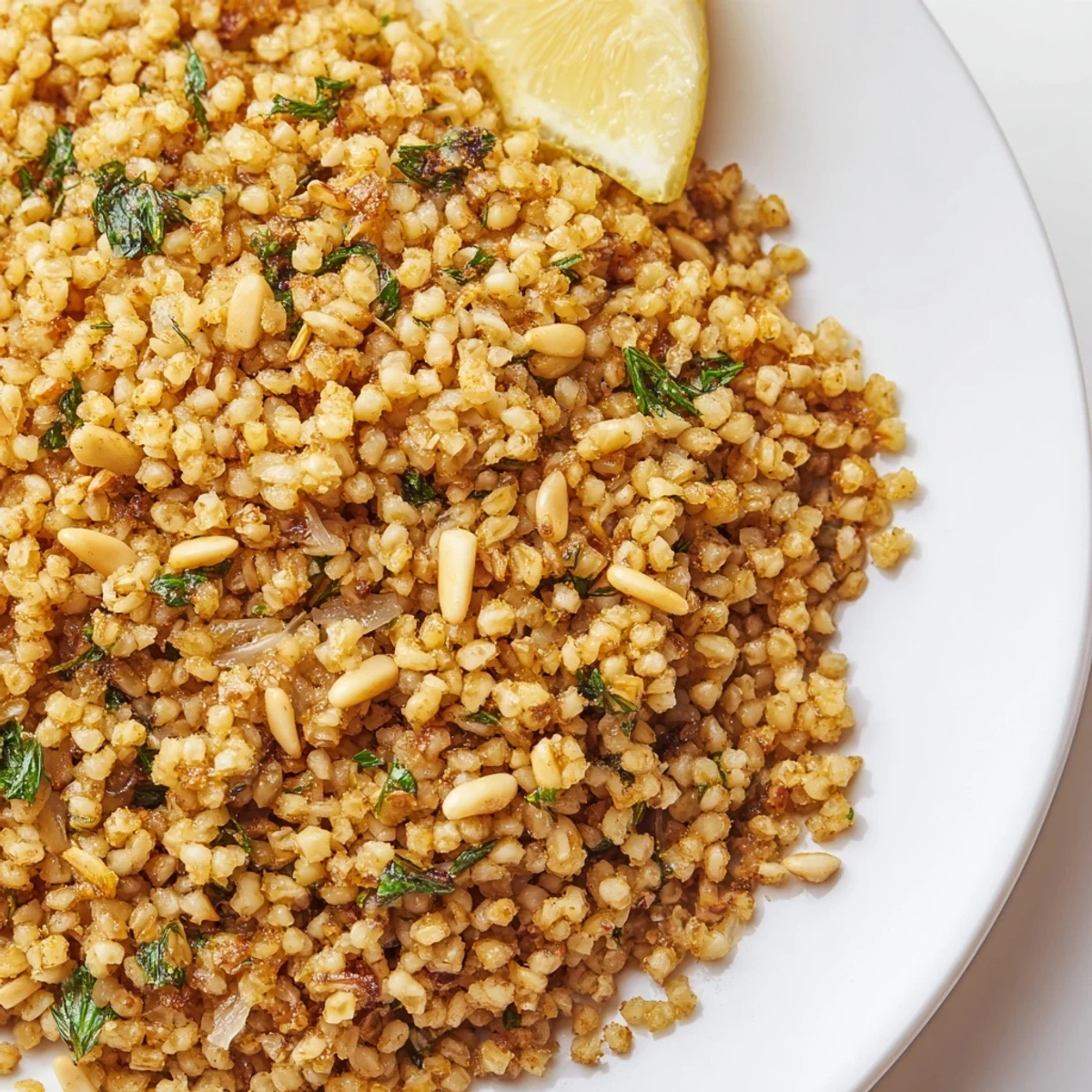 Close-up of bulgur pilaf with herbs and cinnamon steam rising, served beside lemon wedges on a rustic wooden table.