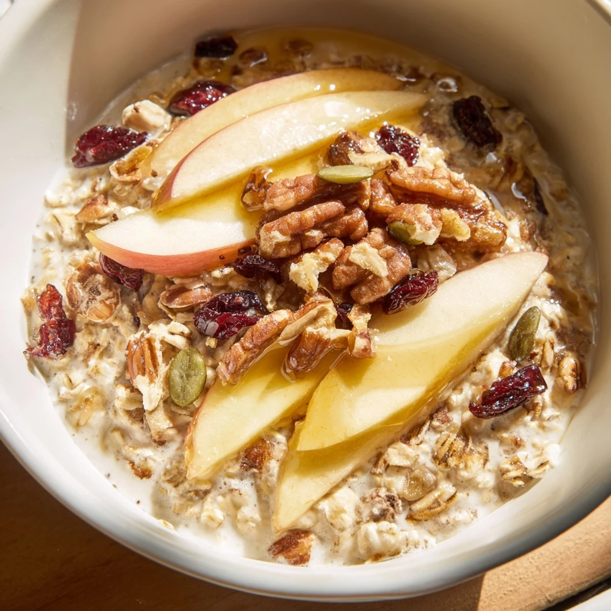 A warm bowl of Maple Seasonal Nut Porridge topped with sliced apples, walnuts, and a maple syrup drizzle.