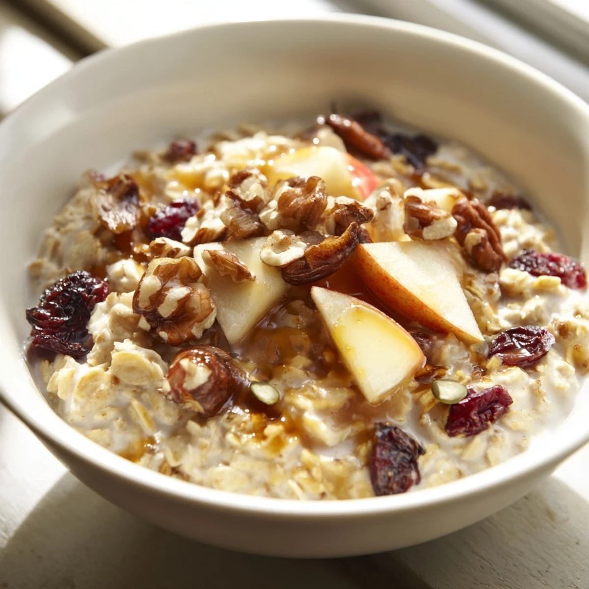 Cozy breakfast of Maple Seasonal Nut Porridge with cinnamon, almonds, and diced pears, ready to enjoy warm.