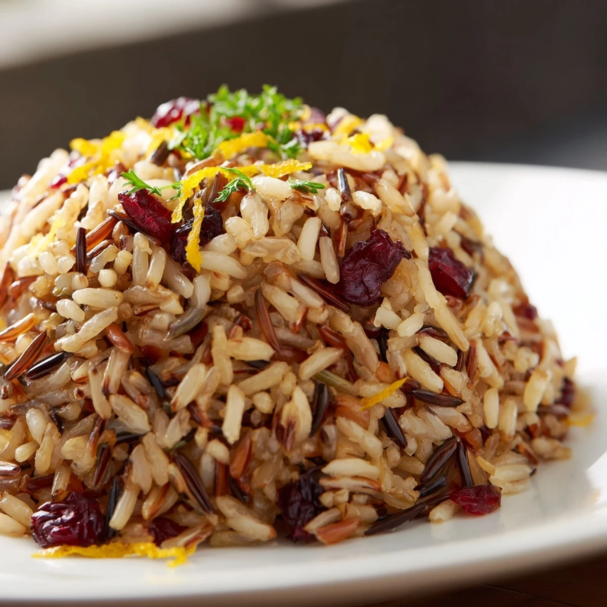 Steamed bowl of Cranberry Studded Wild Rice Citrus Pilaf garnished with fresh parsley and sliced almonds.