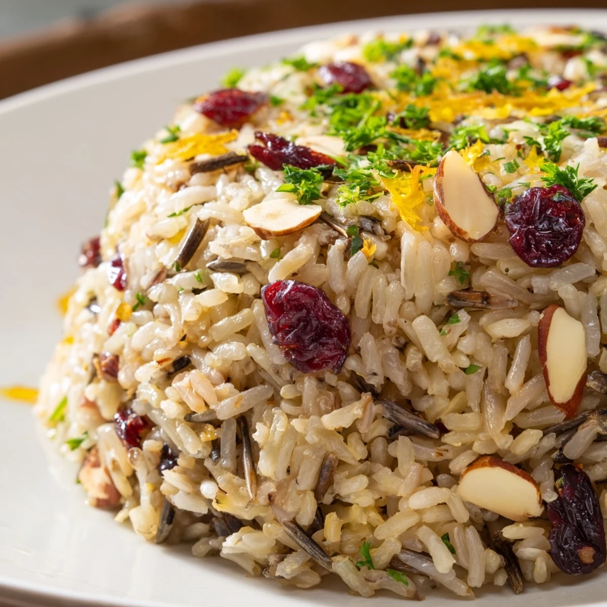 Cranberry Studded Wild Rice Citrus Pilaf served warm as a festive side dish in a rustic setting.
