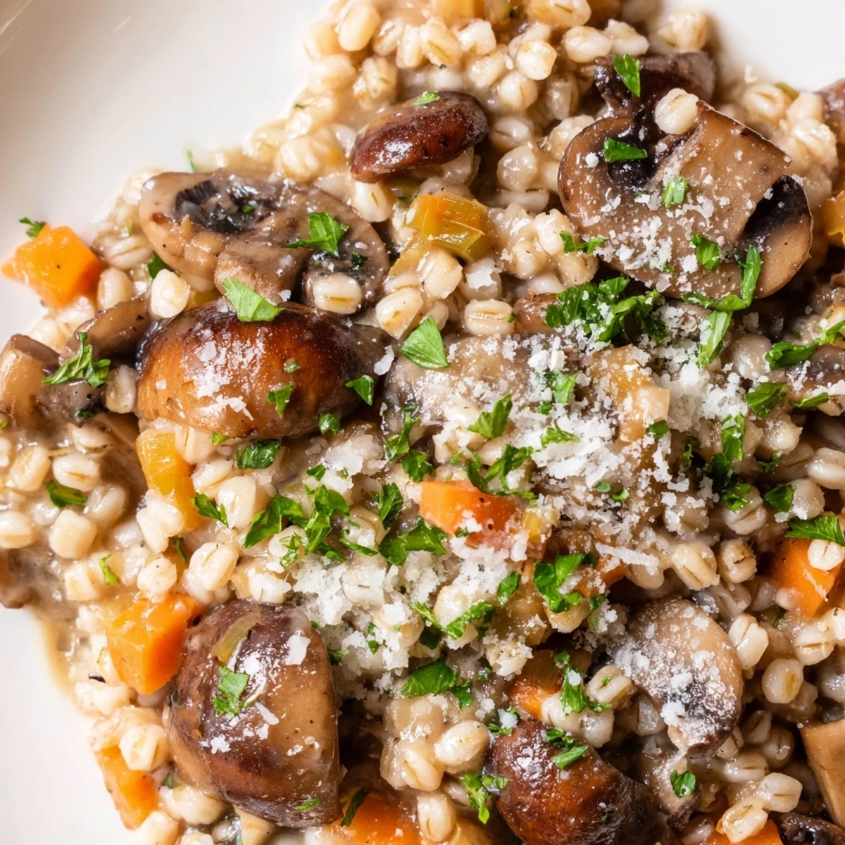 Creamy barley warming and mushroom risotto garnished with fresh parsley and Parmesan cheese.
