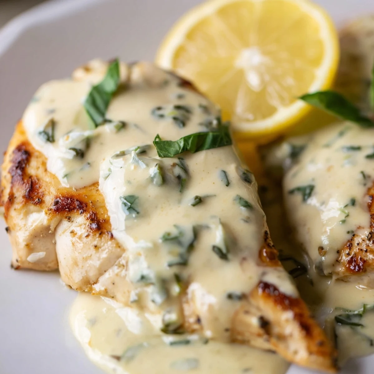 Golden-seared chicken breasts in a creamy lemon and basil sauce, ready to serve.