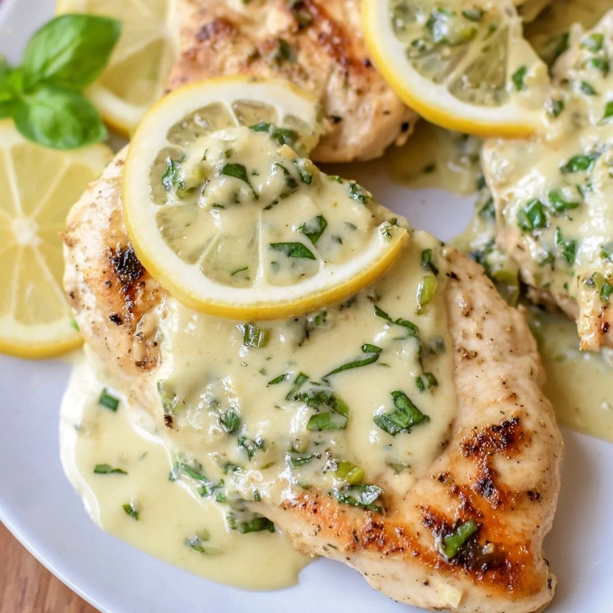 Tender chicken simmered in a vibrant lemon basil sauce, perfect over steamed rice.