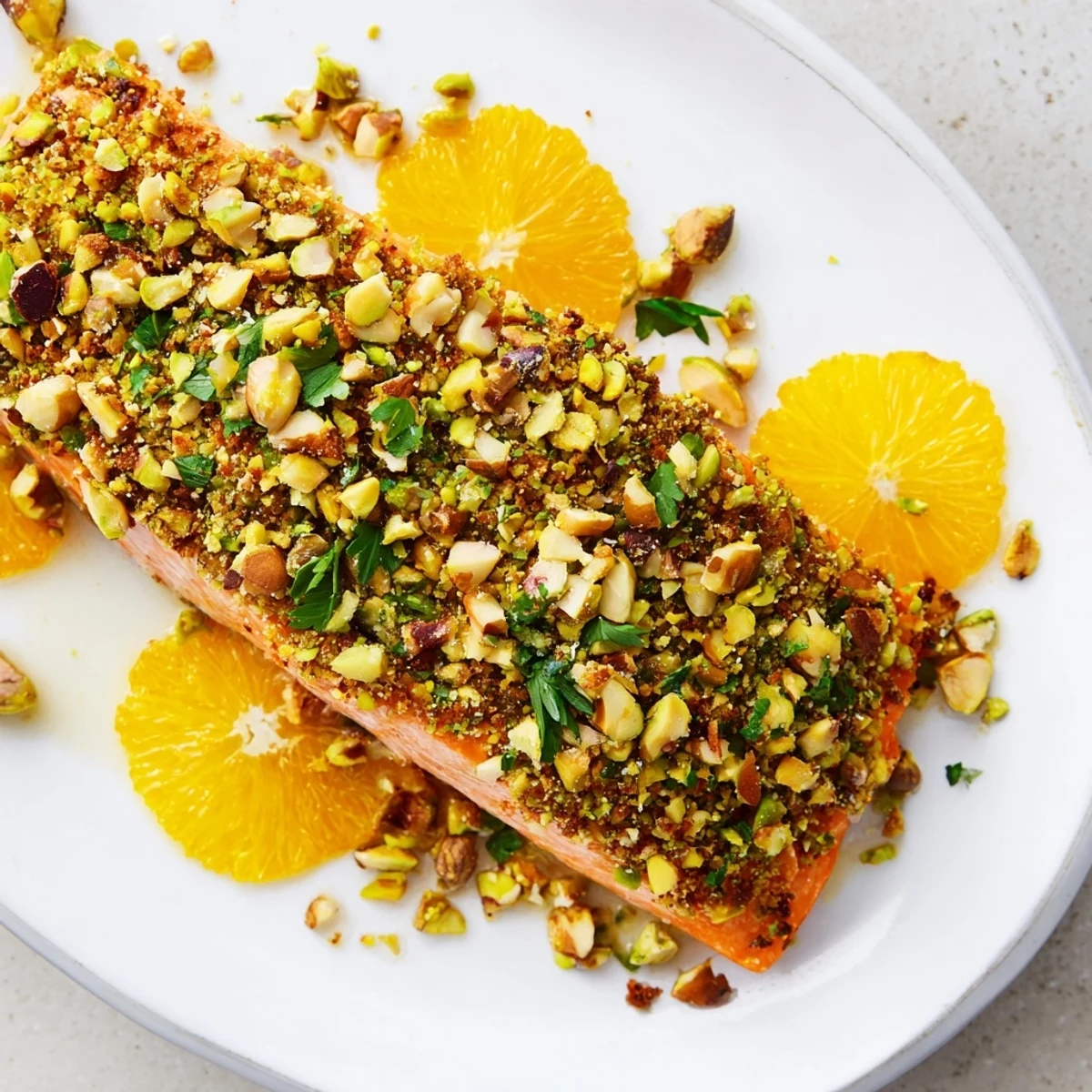 Seared Lemon Salmon with a nutty orange kissed crust, resting on a plate with lemon wedges and fresh parsley garnish.