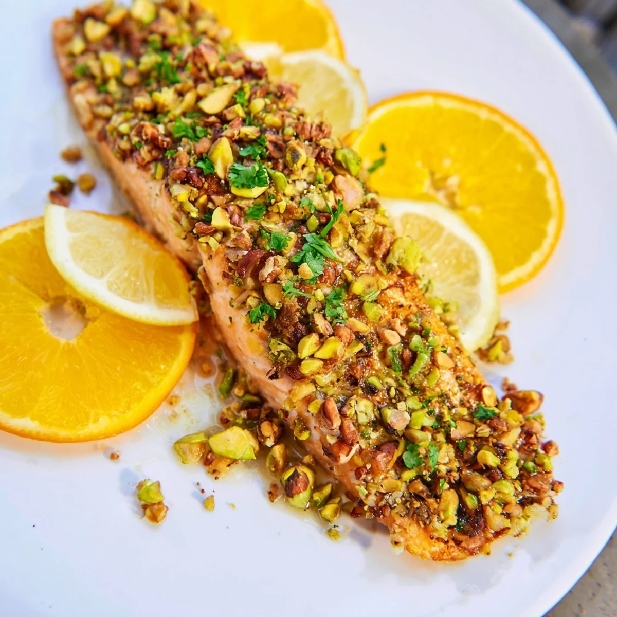 Close-up of Seared Lemon Salmon Nutty Orange Kissed, showing a golden nut crust and glistening citrus glaze on flaky fish.