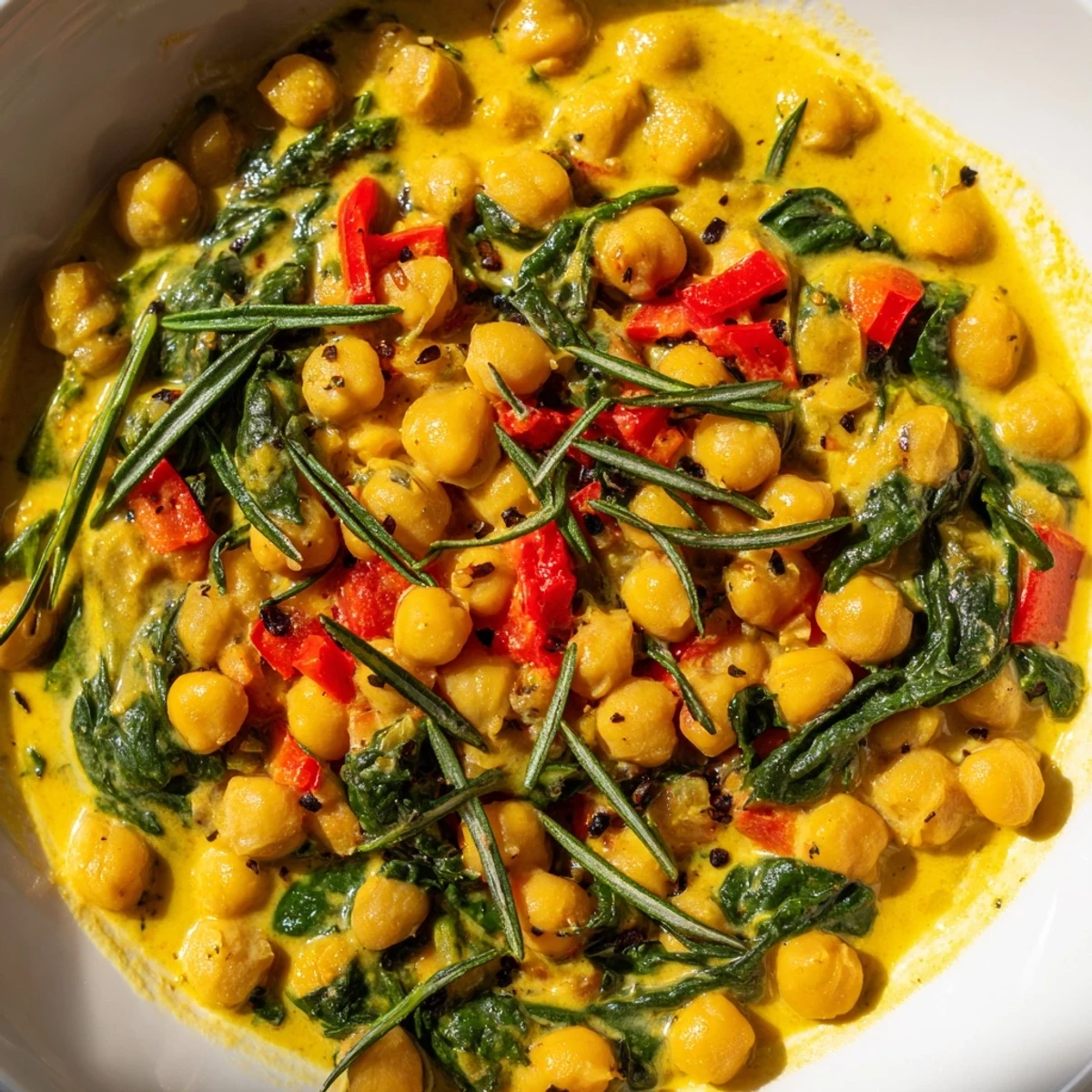 Golden turmeric and rosemary fragrant chickpea skillet simmering in a cast iron pan with wilted spinach.