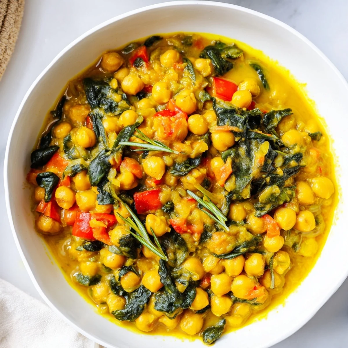 Close-up of the rosemary fragrant turmeric chickpea skillet, garnished with fresh parsley, next to a slice of crusty bread.