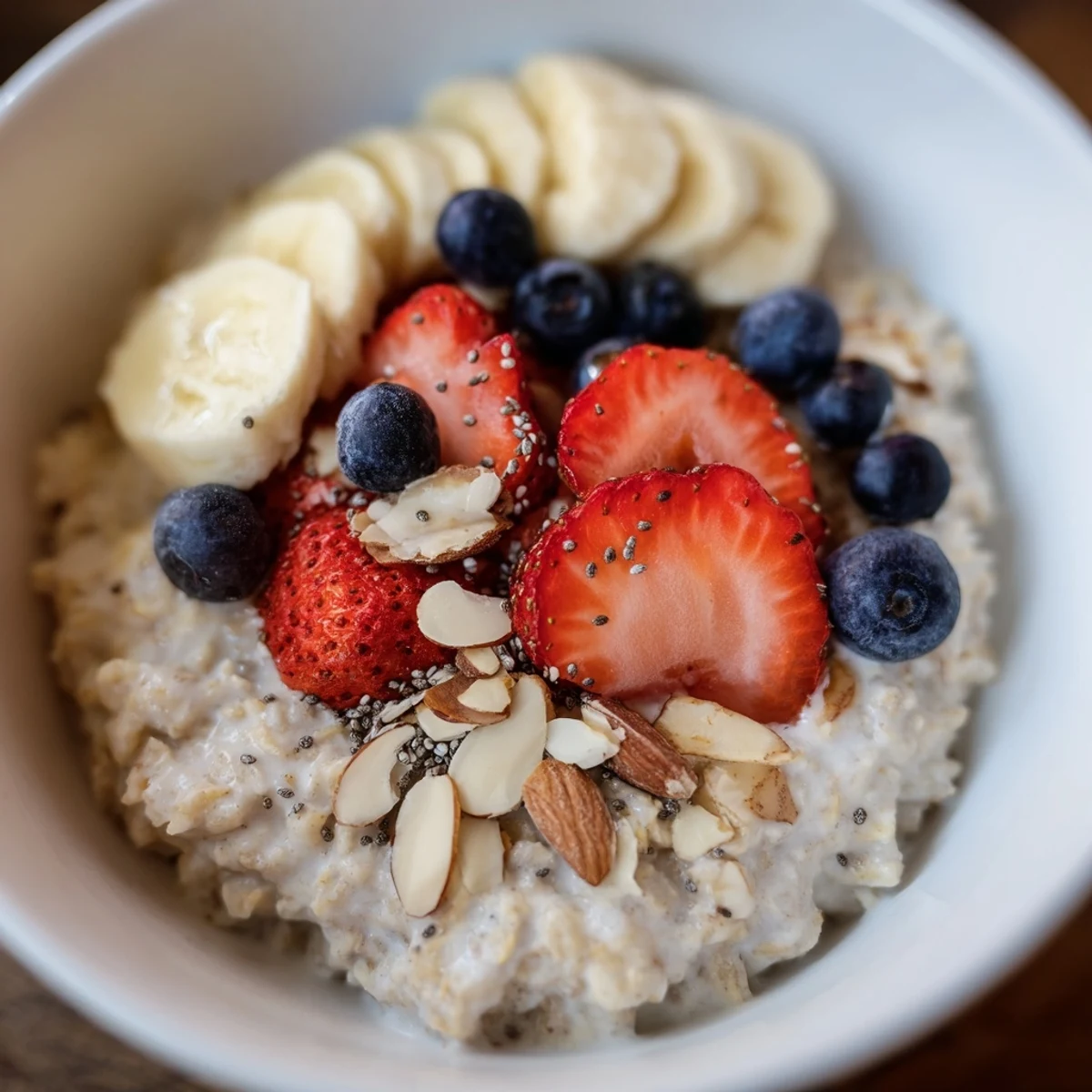 Steaming bowl of Fruit Topped Porridge topped with fresh blueberries, strawberries, bananas, and crunchy nuts.