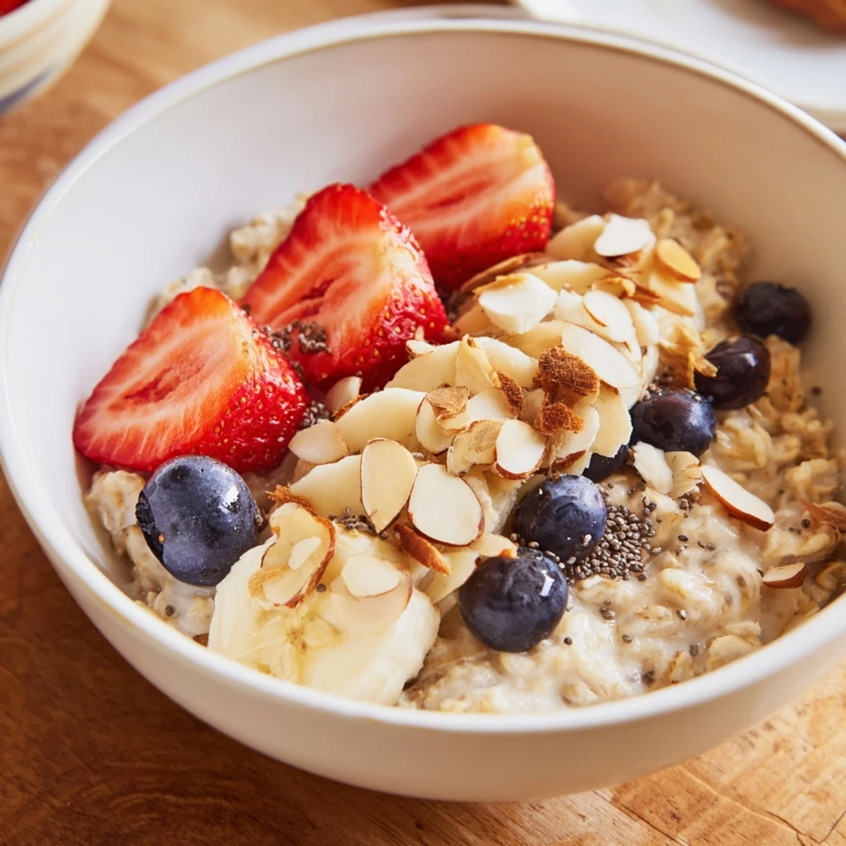 A warm bowl of Fruit Topped Porridge with creamy oats, fresh berries, and sliced bananas.