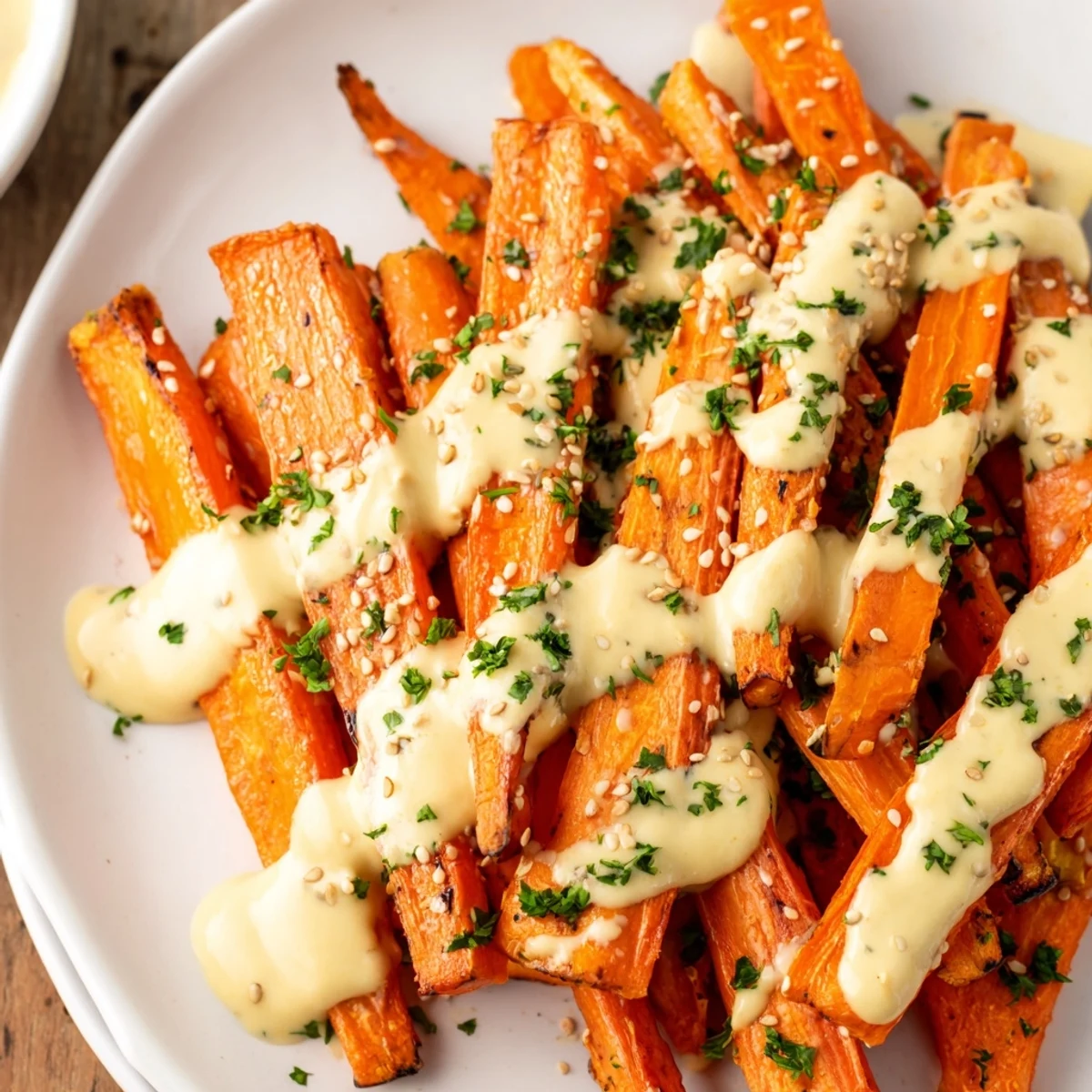 Roasted carrot sticks with golden edges are drizzled with creamy lemon tahini sauce and garnished with fresh parsley and sesame seeds. This Lemon Tahini Roasted Carrots side dish serves four.