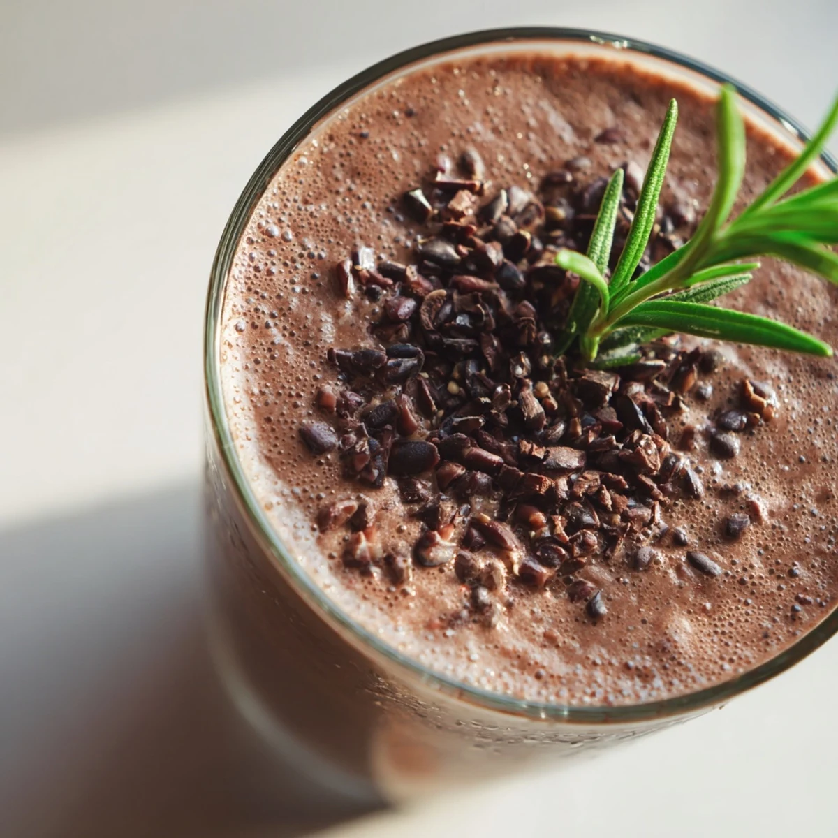 Thick avocado rosemary cacao smoothie in a glass, garnished with a rosemary sprig and cacao nibs.