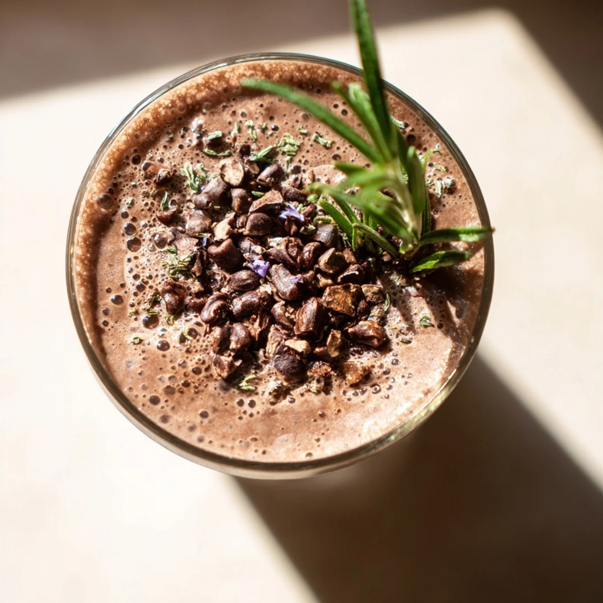 Creamy avocado rosemary cacao smoothie topped with cacao nibs, served for a vegan breakfast or snack.