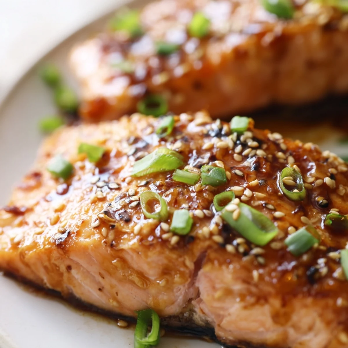 Freshly baked Hearty Maple Soy Salmon fillets brushed with a glossy, sticky glaze and topped with sliced green onions on a rustic plate.