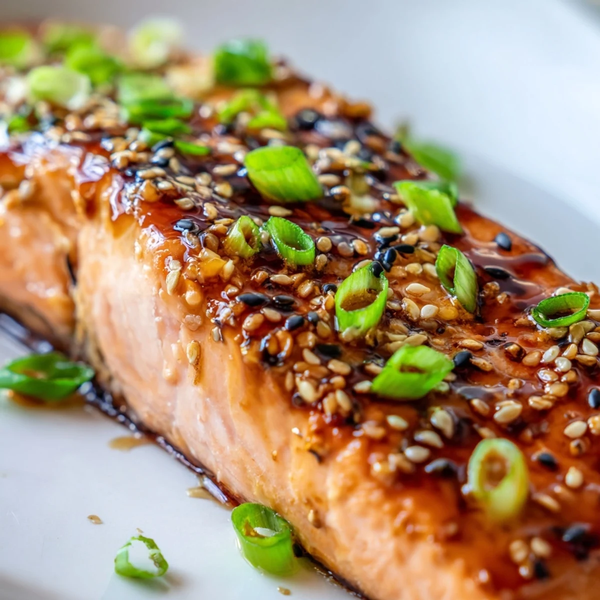 Juicy Hearty Maple Soy Salmon fillets glistening with the sweet and savory glaze, garnished with toasted sesame seeds for extra crunch.