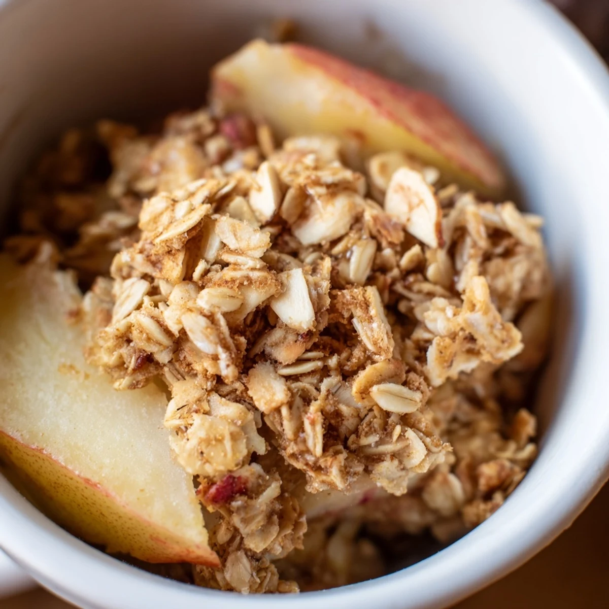 Golden brown Oat Topped Maple Almond Crisp bubbling in a baking dish, ready to be served warm with vanilla ice cream.