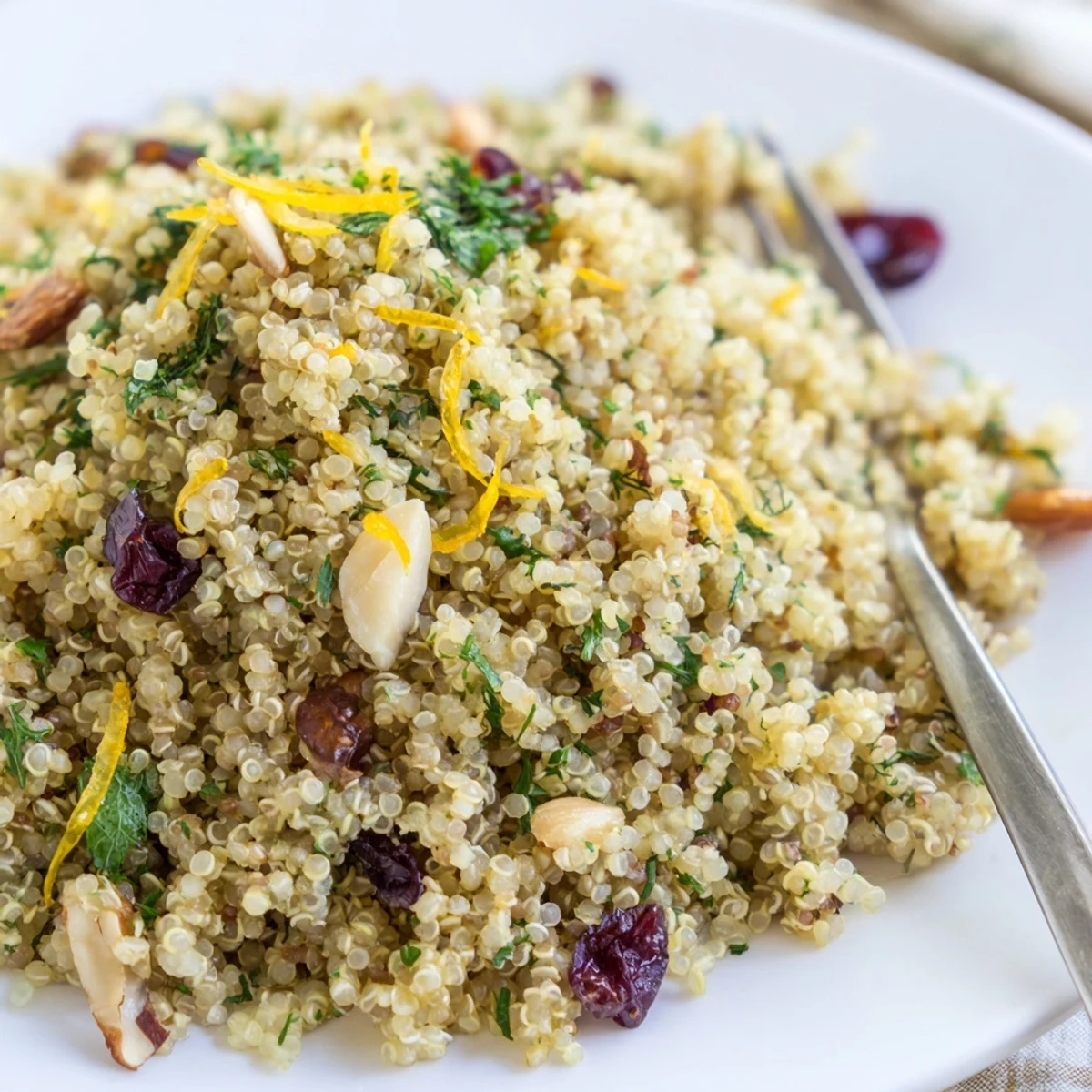 Aromatic quinoa and herb pilaf with citrus scented with lemon and orange, fluffed with fresh parsley, mint, and dill.