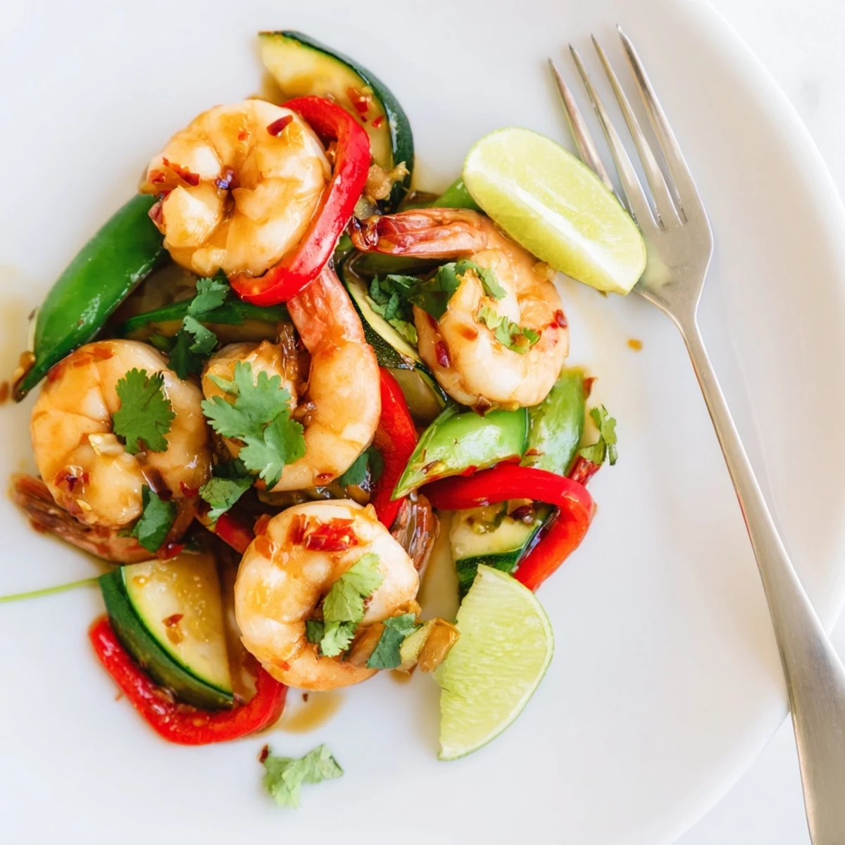 Sizzling Garlic Seasonal Chili Shrimp with snap peas and bell peppers in a glossy, aromatic sauce.