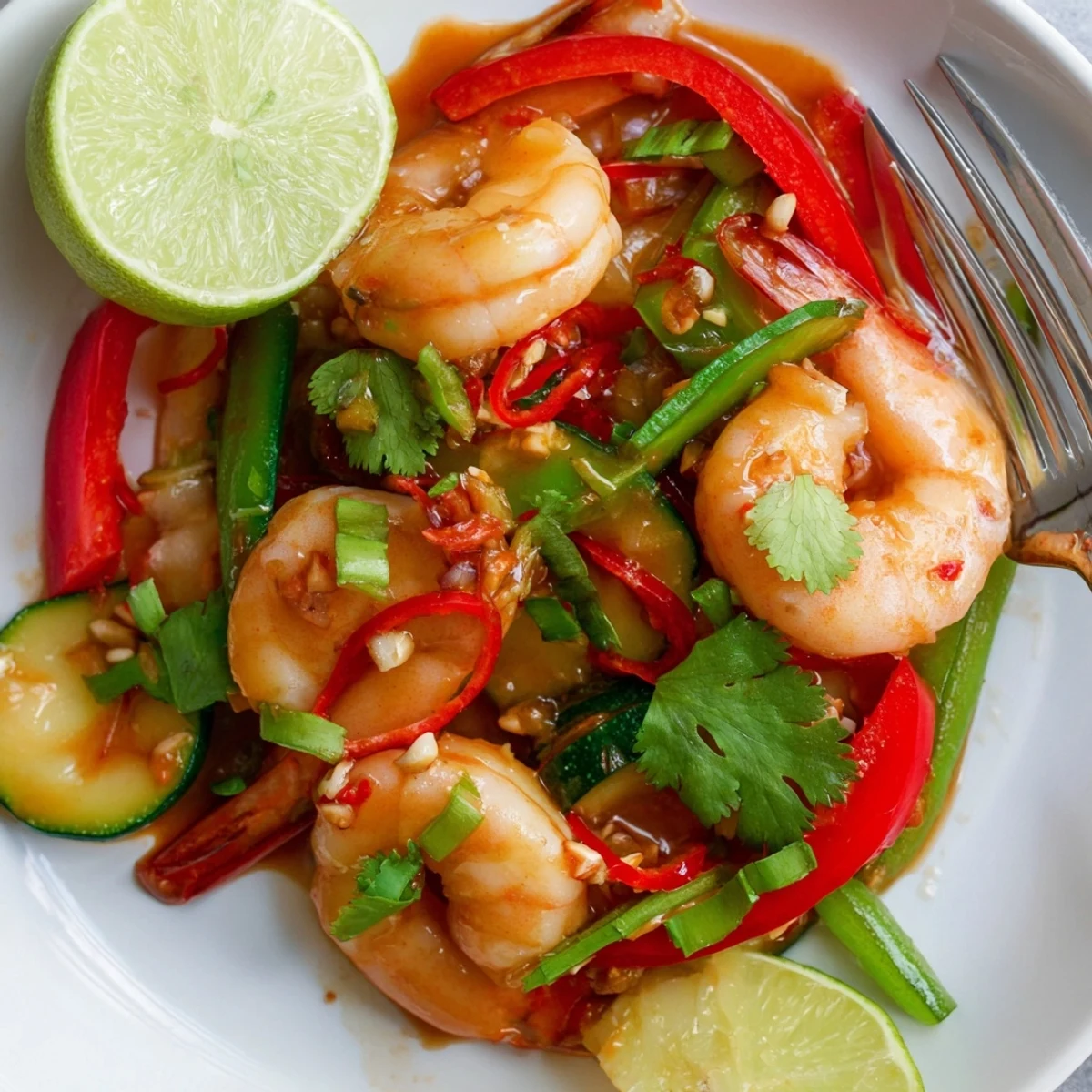 Freshly cooked Garlic Seasonal Chili Shrimp tossed with zucchini and red chilies in a vibrant stir-fry.