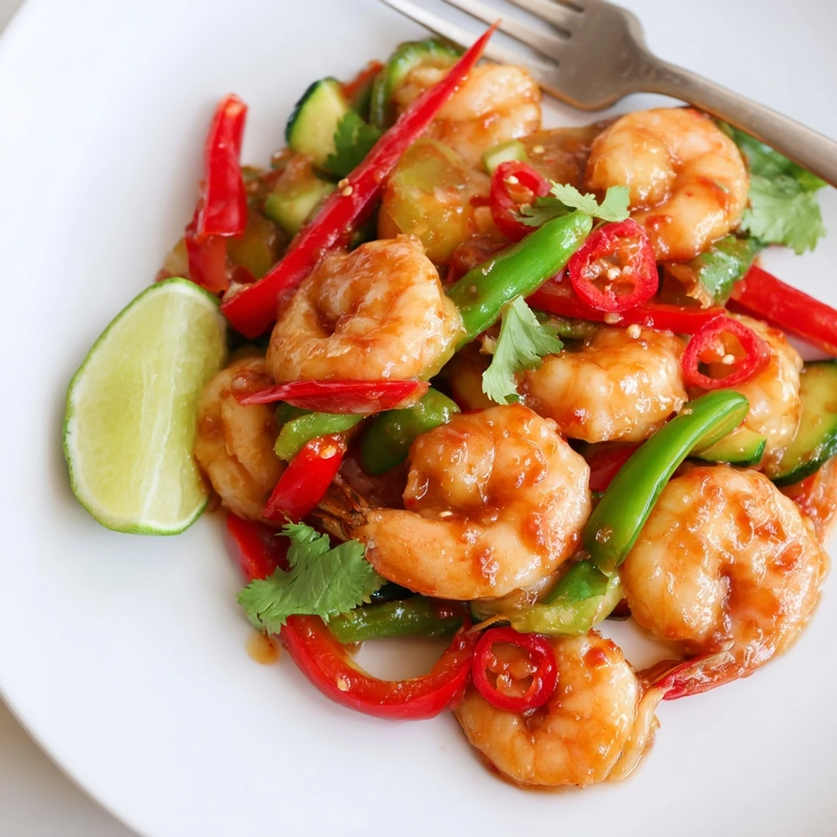 Plump Garlic Seasonal Chili Shrimp served over fluffy rice, garnished with lime wedges and cilantro.