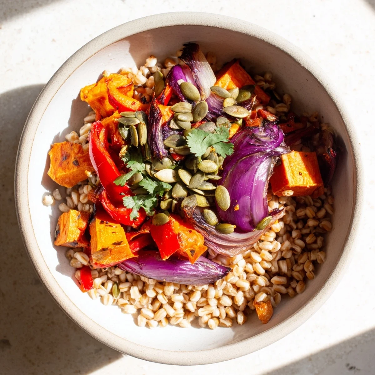 A vibrant bowl of Spiced Barley Bowl with roasted sweet potatoes and red bell peppers topped with fresh cilantro and pumpkin seeds.
