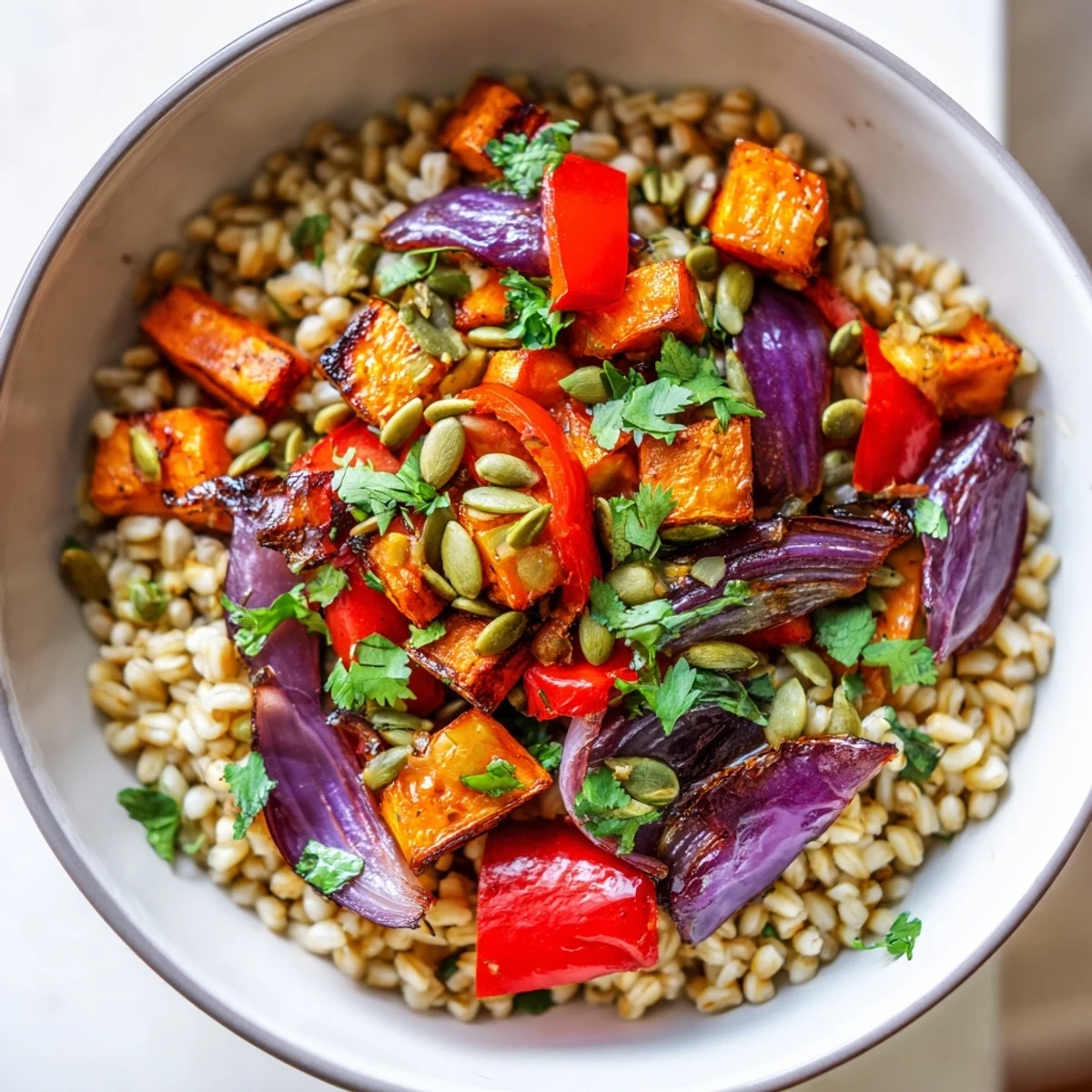 Warm, golden roasted vegetables and tender barley in a Spiced Barley Bowl, served with lemon wedges for a bright, zesty finish.