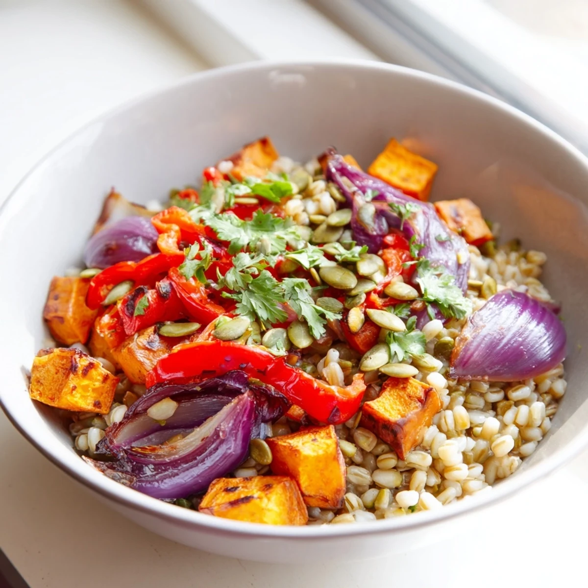Colorful vegetarian Spiced Barley Bowl featuring fluffy barley, wilted spinach, and aromatic spices, ready for a healthy lunch or light dinner.