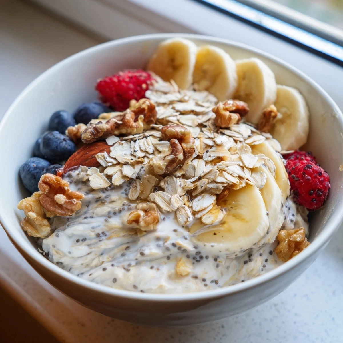A creamy overnight oats bowl with crunchy oats and fresh fruit, ready to serve for a nourishing morning meal.