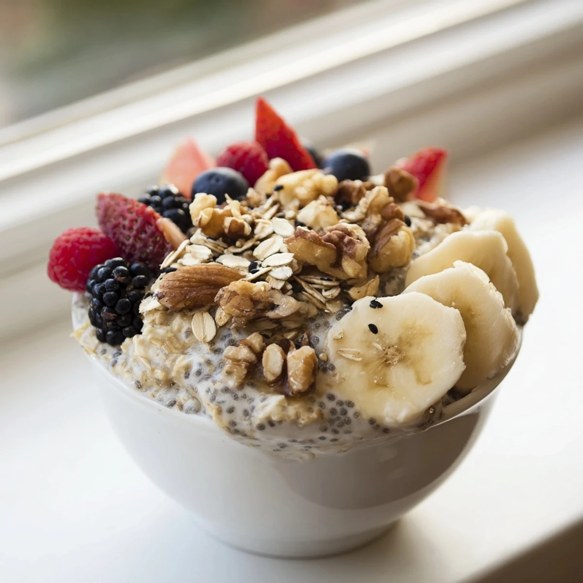 Overnight oats bowl topped with sliced berries, chopped nuts, and a light honey drizzle, perfect for a chilled breakfast.