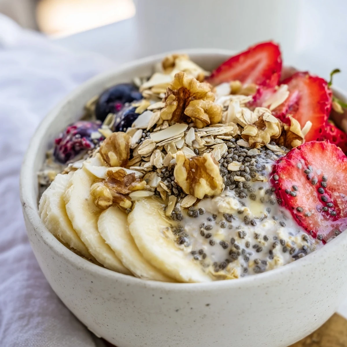 Visually appealing overnight oats bowl with fresh fruit and crunchy oat topping, ideal for a convenient and healthy breakfast.