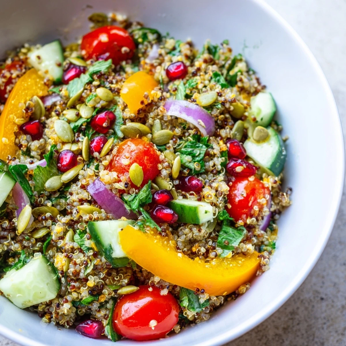 A bowl of Immune Boosting Toasted Quinoa Salad filled with red tomatoes, green cucumber, and bright pomegranate seeds.