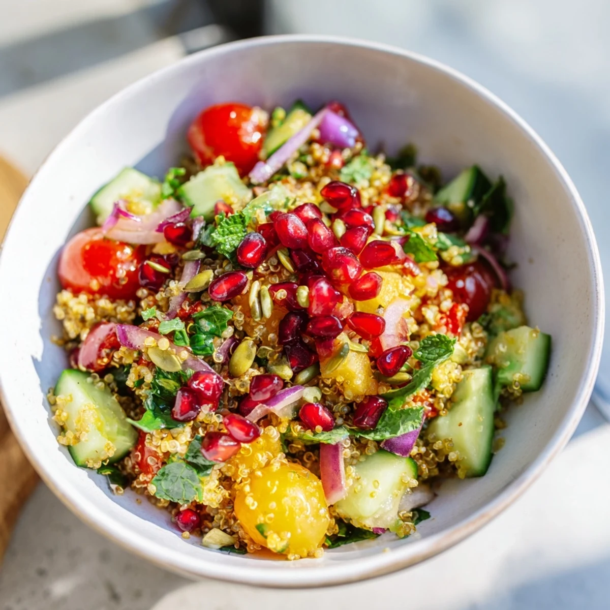 Freshly tossed Immune Boosting Toasted Quinoa Salad with spinach, bell peppers, pumpkin seeds, and a zesty lemon dressing.