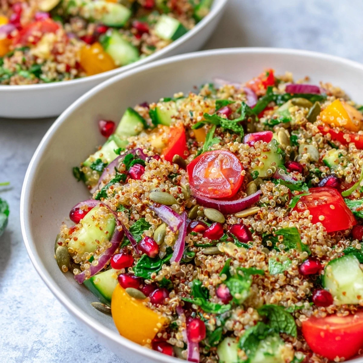 Healthy vegan Immune Boosting Toasted Quinoa Salad served chilled with herbs and seeds, perfect for a light lunch or side.