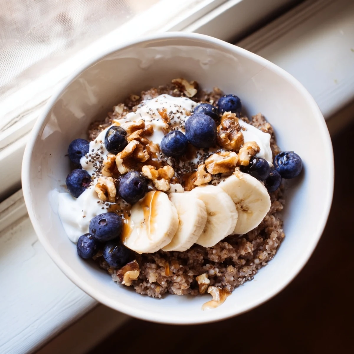 A warm bowl of buckwheat breakfast topped with creamy yogurt, fresh berries, and sliced bananas for a healthy start.  
