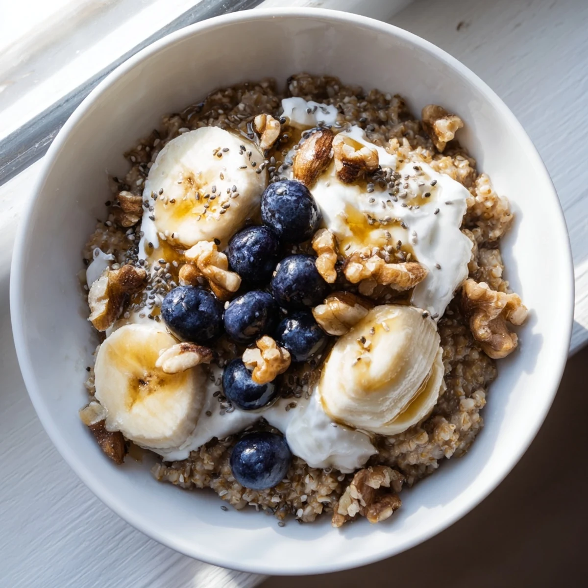 Hearty buckwheat breakfast bowl with crunchy nuts, chia seeds, and a drizzle of maple syrup on a sunny table.  