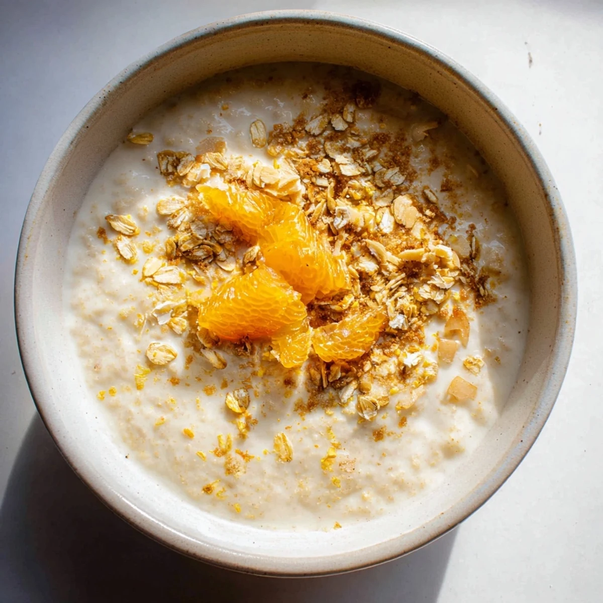 Steaming bowl of Coconut Milk Porridge with Orange-Kissed Oat Topping, garnished with fresh orange segments.