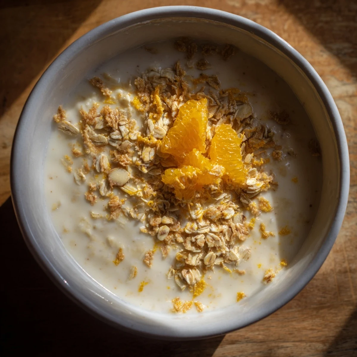 Coconut Milk Porridge with Orange-Kissed Oat Topping served in a ceramic bowl, topped with toasted coconut flakes.
