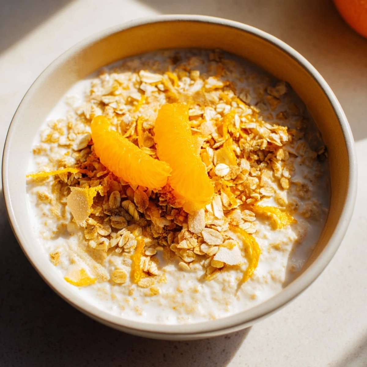 A spoon scooping into creamy Coconut Milk Porridge with Orange-Kissed Oat Topping, revealing a golden breakfast.