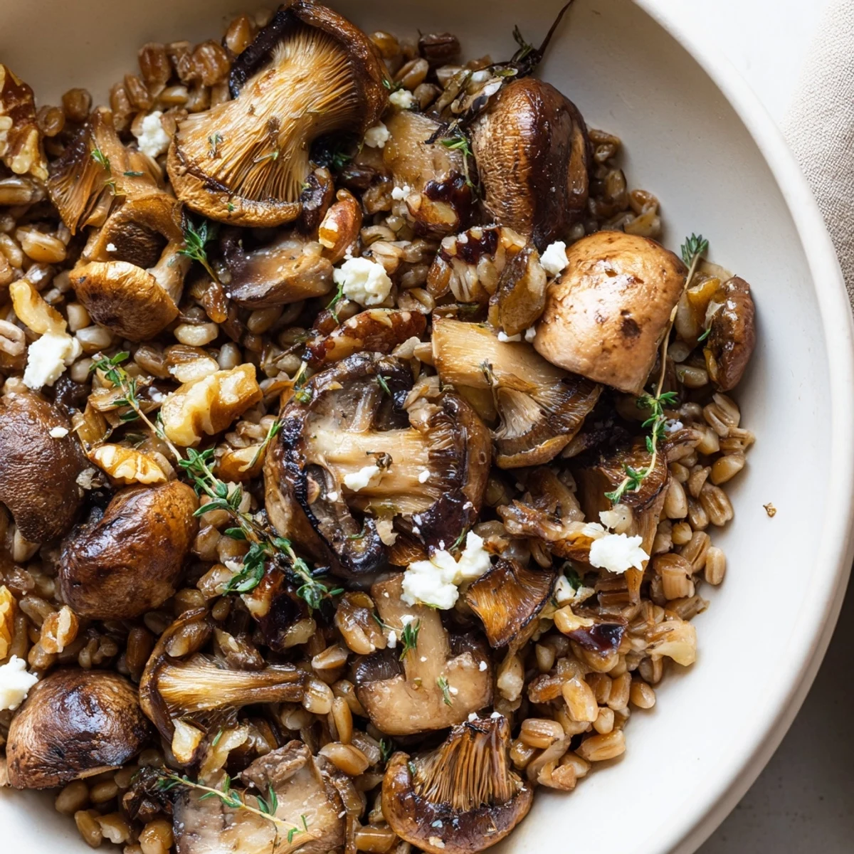 A warm bowl of Brown Butter Grain and Mushroom Bowl with sautéed mushrooms and a nutty brown butter drizzle, garnished with toasted walnuts and fresh parsley.