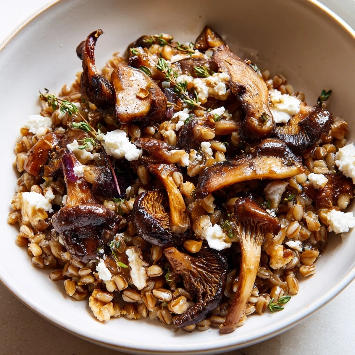 Cozy Brown Butter Grain and Mushroom Bowl topped with creamy goat cheese and chopped pecans, served with lemon wedges for a bright, comforting dinner.