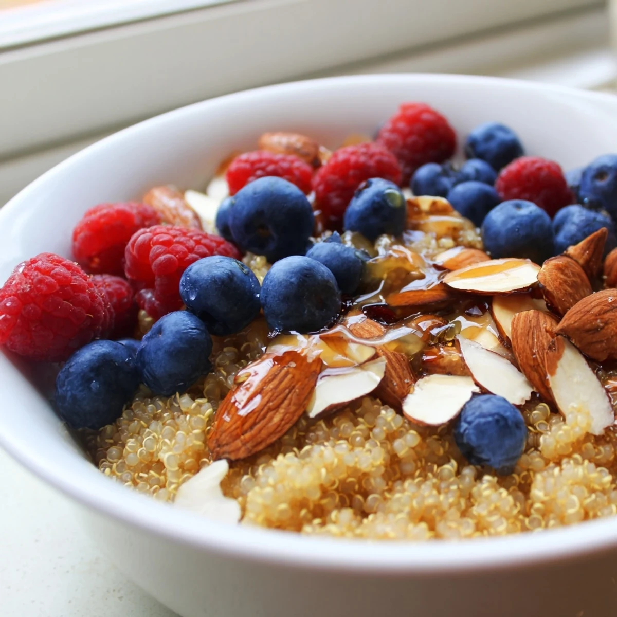 The Quinoa Vanilla Scented Brown Butter Breakfast Bowl topped with fresh berries and toasted nuts.  