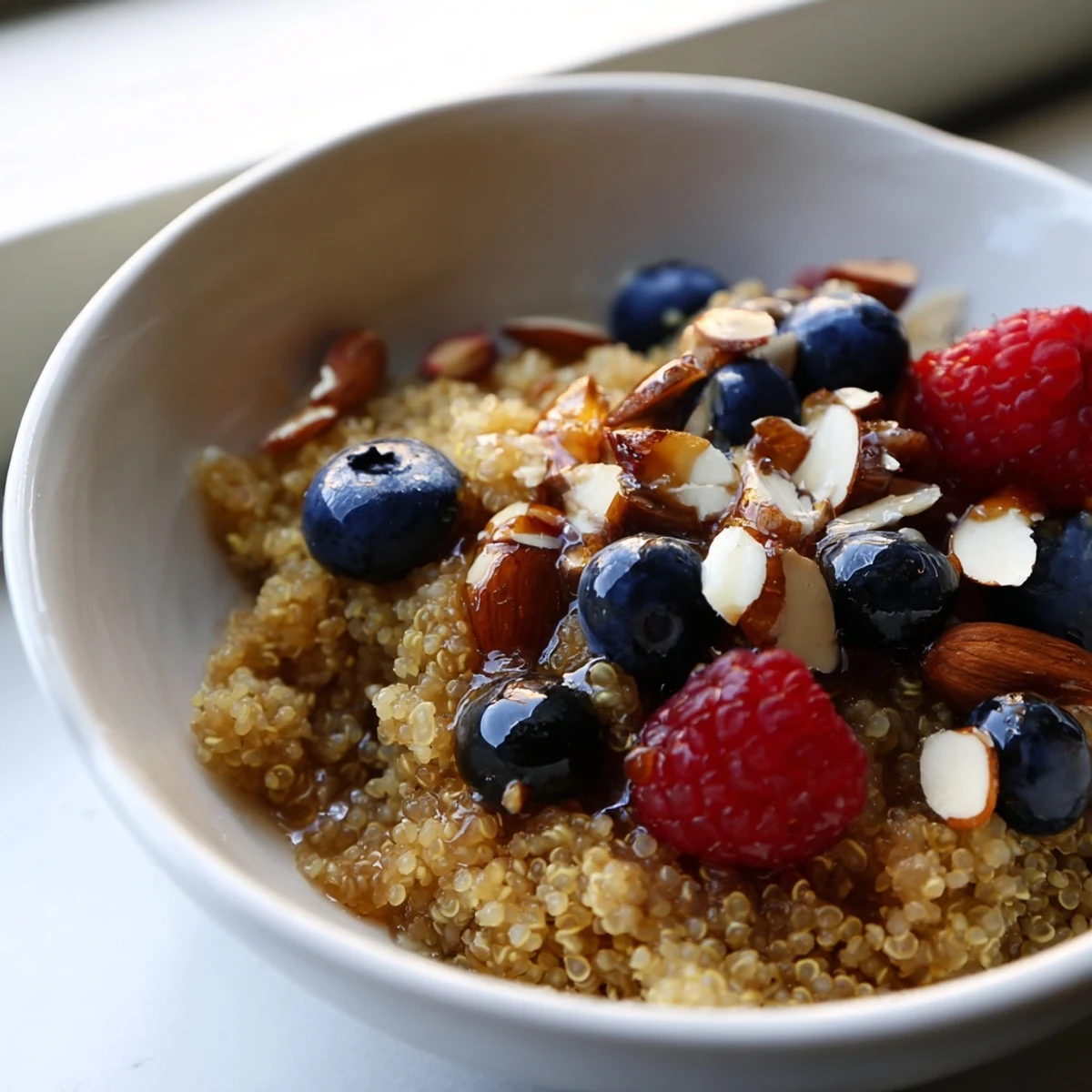 Golden brown butter quinoa bowl with vanilla, maple syrup, and crunchy pecans.  