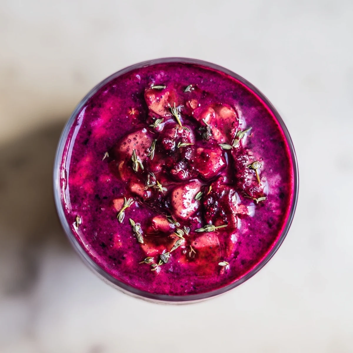 A close-up of Winter Honey Glazed Thyme Roasted Berry Smoothie in a glass, topped with a fresh thyme sprig.  