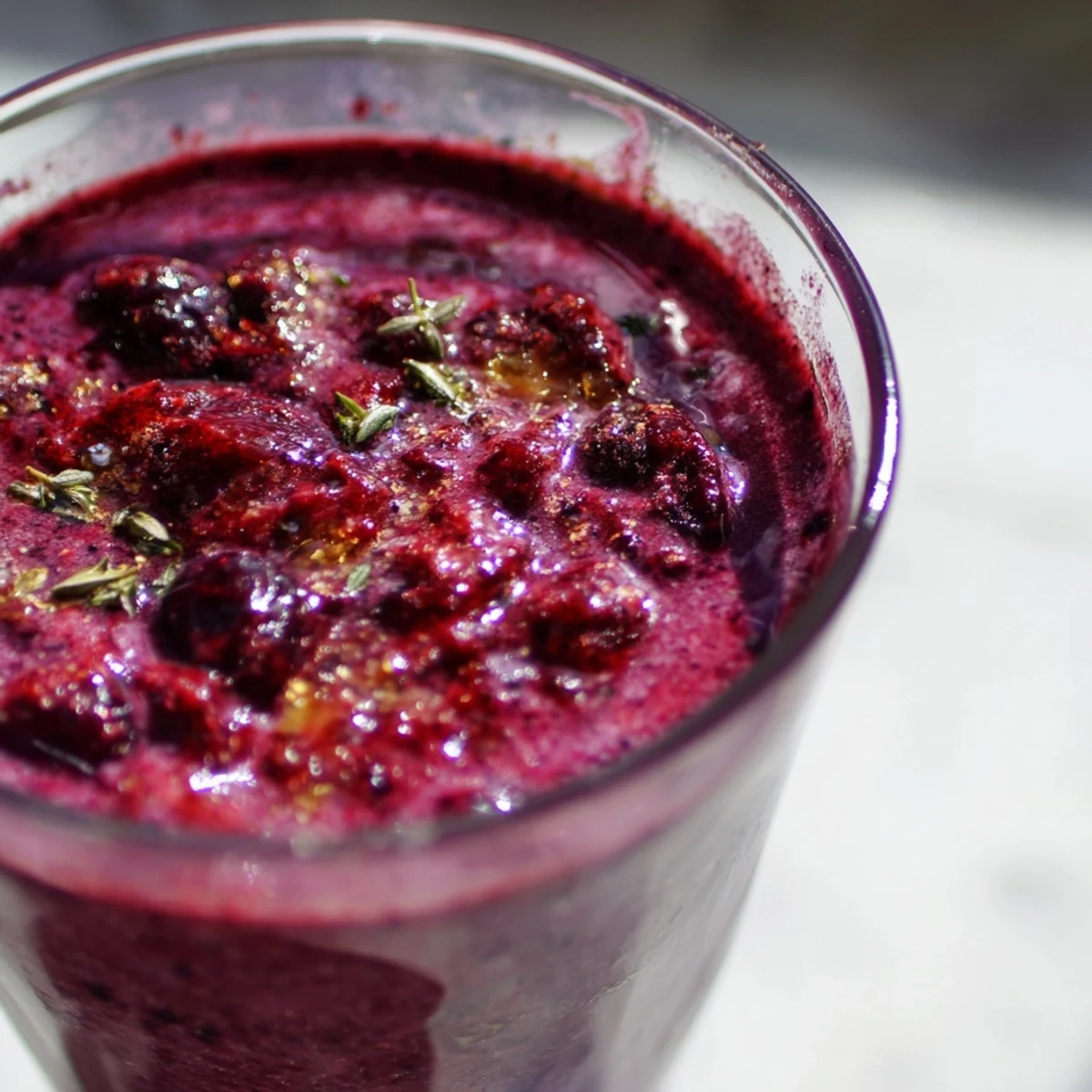 Vibrant Winter Honey Glazed Thyme Roasted Berry Smoothie in a clear glass, showcasing its thick, creamy consistency.