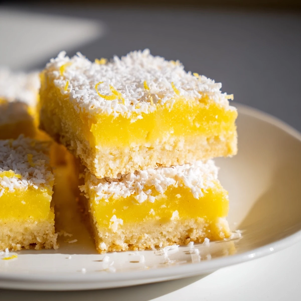 Golden Lemon Coconut Bars with smoky vanilla scent sit on a cooling rack, their powdered sugar dusting highlighting the toasted coconut topping.